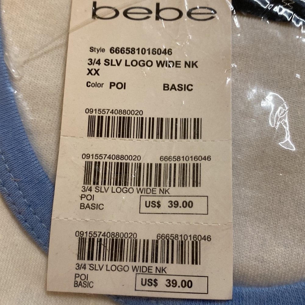 NWT Vintage Bebe 3/4 Sleeve T-Shirt SLV Logo Wide Nk Color POI Basic Blue White - Picture 3 of 3